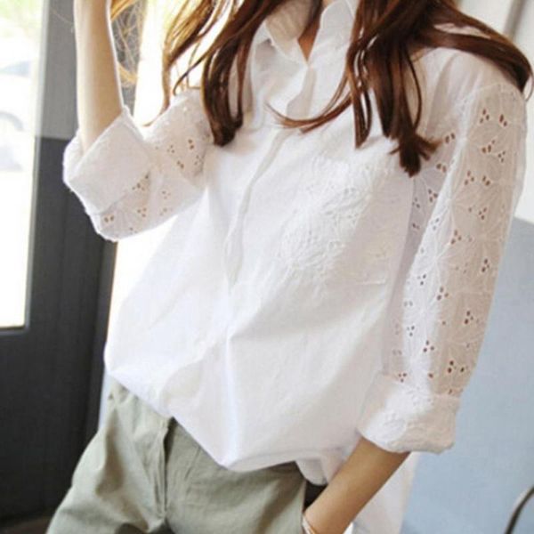 

blusas mujer de moda 2021 loose design business shirt lapel long sleeve women lace pure color blouse female camiseta mujerq3, White