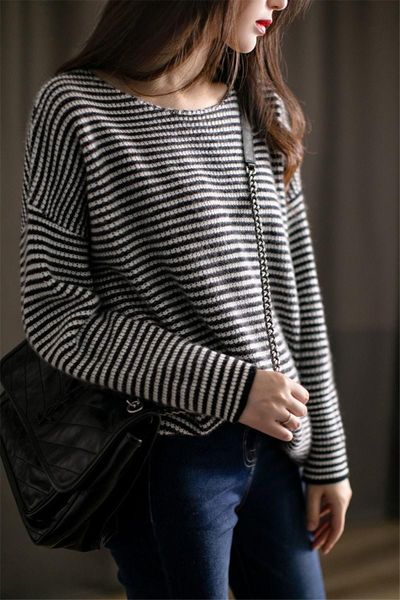 

women's sweaters black and white striped sweater women loose o-neck long sleeve bottoming shirt merino wool pullover, White;black