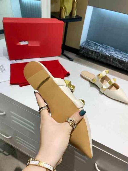 

fashion spring and summer slippers baotou flat heel cowhide pointed half slipper decoration womens sandals size 35-42, Black