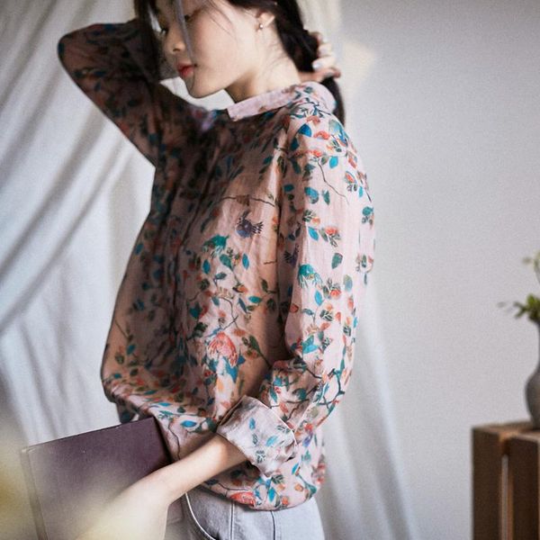 

women's blouses & shirts spring summer women loose plus size vintage artisitc print natural fabric comfortable thin lightweight ramie, White