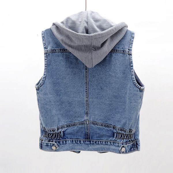 

summer plus size 5xl removable hooded denim vest women waistcoat lace splice pocket sleeveless jacket female short jeans vests 87zc, Black;white