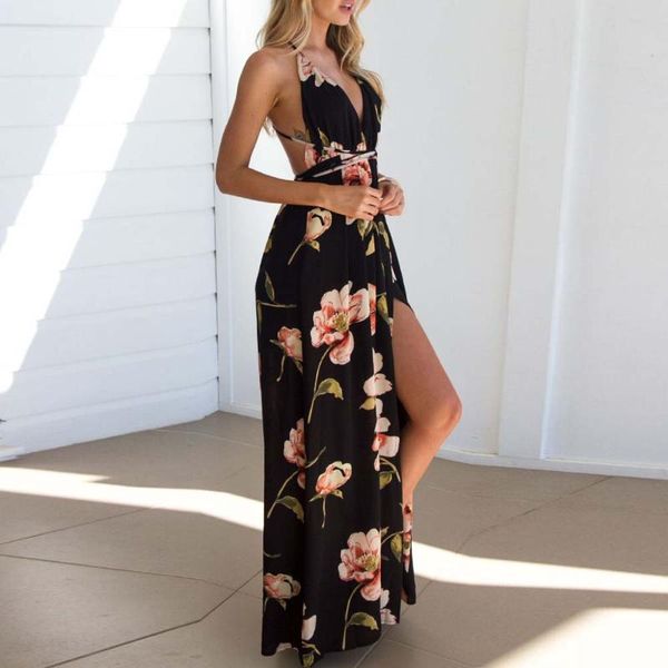 

casual dresses womens dress summer boho maxi long evening party beach sundress floral halter robe femme vestidos 8.73, Black;gray