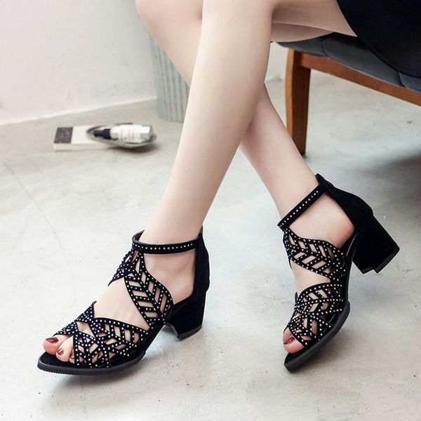 

dress shoes 2021 summer women's sandals hollow thick heel fish mouth breathable wedge rhinestone lightweight large size41, Black