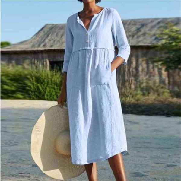

plus size shirt dresses linen women summer sundress beach holiday vintage robe solid loose autumn midi cotton dress casual, Black;gray