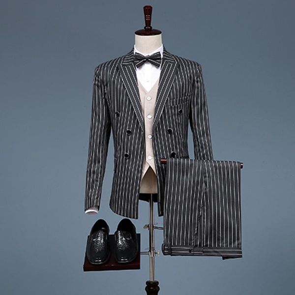 

men's suits & blazers ( jacket + pants ) high-end fashion striped formal double-breasted business suit groom wedding dress mens 2 piece, White;black