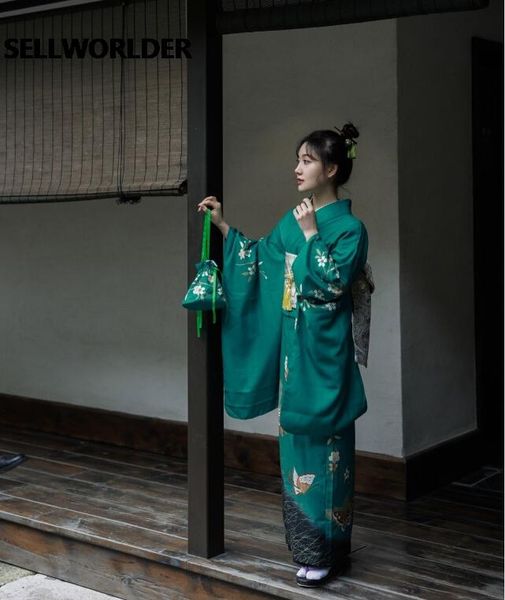

casual dresses 2021 sellworlder japanese kimono style yukata retro girl green dress woman floral print long with handbag, Black;gray