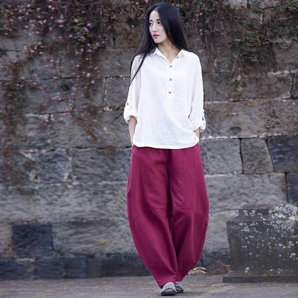 

women's pants & capris spring and summer linen women fashion causal trousers solid wine-red girls elastic girl pantaloni, Black;white