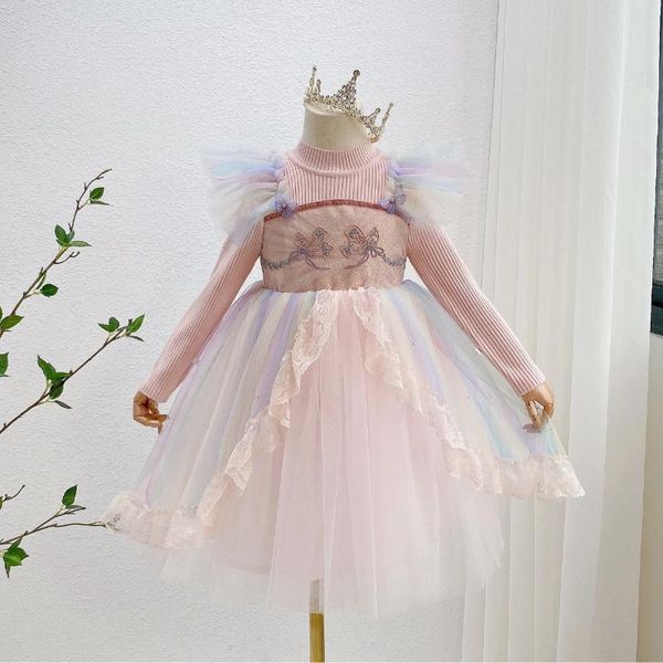 

girl's dresses 2021 autumn/winter long sleeve dress solid color knitted girls' veil, Red;yellow