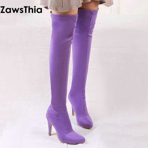 

zawsthia winter colorful yellow purple pink thin high heel woman shoes over the knee high boots women overknee boots 33-45 210611, Black