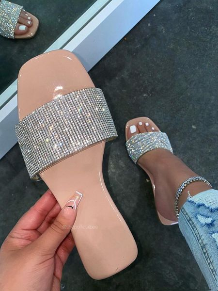

sandals 2021 woman summer flat rhinestone slippers open toe beach shoes lightweight breathable women's walking, Black