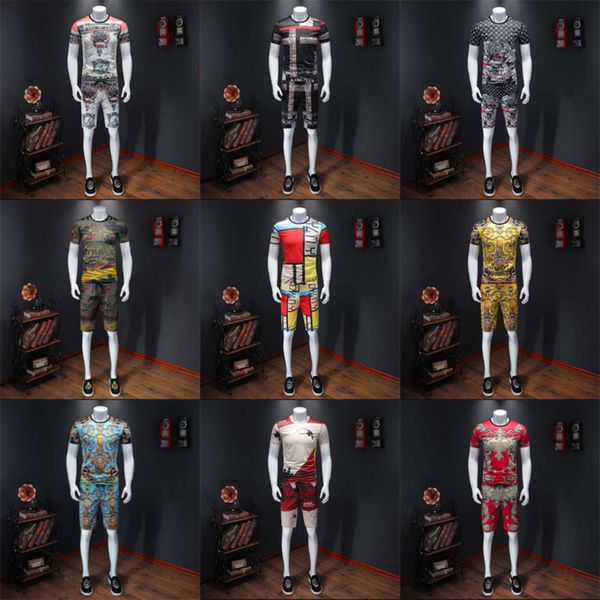 

2020 summer youth trend men's short sleeve t-shirt shorts round neck printing large baroque two piece setwinter, White;black