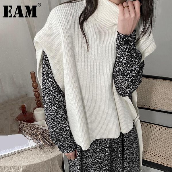 

eam] big size black bandage knitting turtleneck sweater loose fit sleeveless women new fashion tide autumn winter 2021 1dd3273, White;black