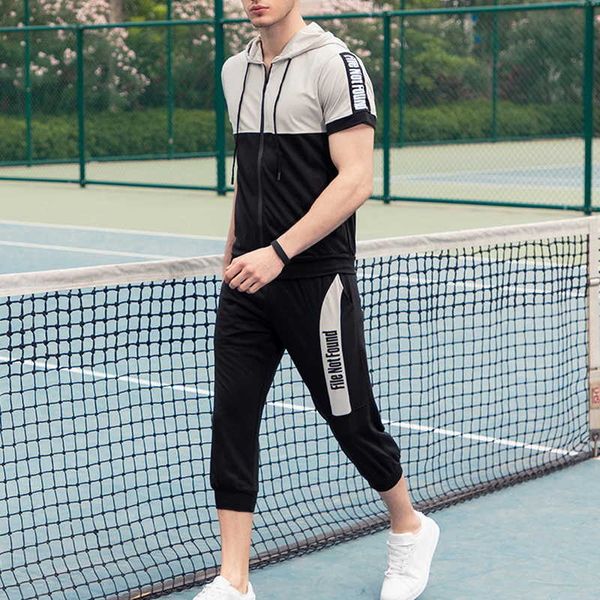 

heflashor men's summer sports suit zipper contrast color short sleeve t-shirt hooded cardigan 7-point pants two-piece suit, Gray