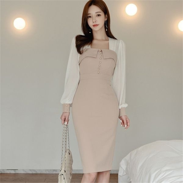 

mesh patchwork bodycon women dress long sleeve ruffles female dresses elegant ol style vestidos 210603, Black;gray