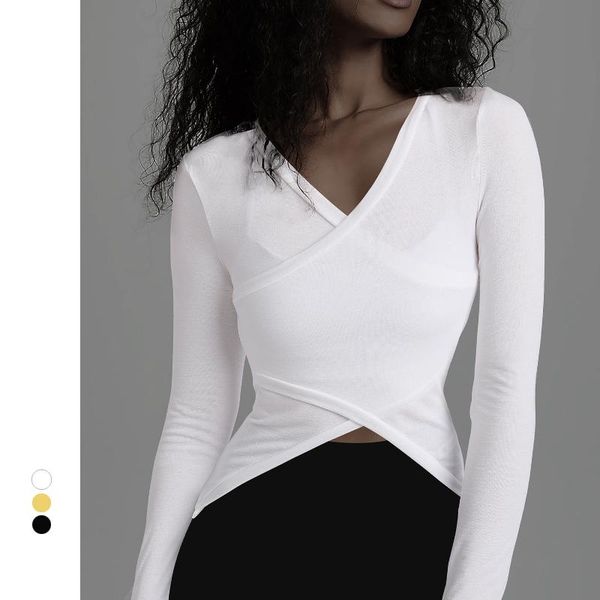 

long-sleeved fitness shirts women white yoga v neck front cross gym clothing breathable workout shirts running quick drying, White;red