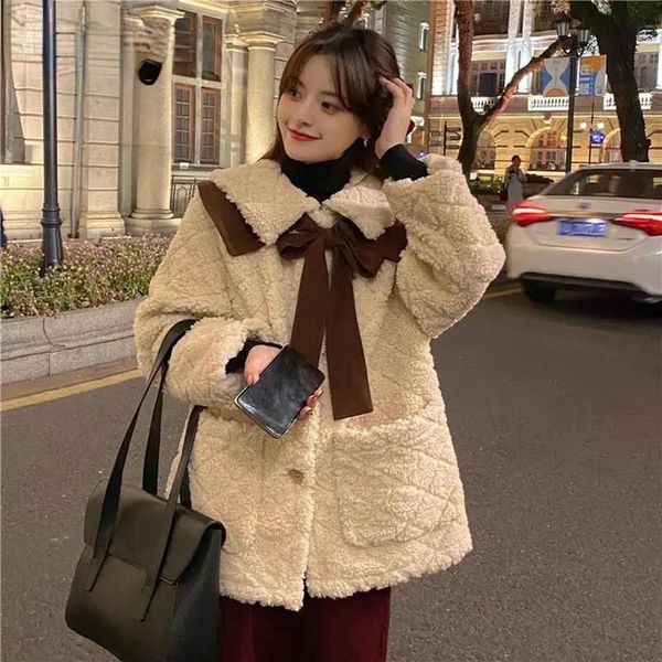 

women's fur & faux 2021 autumn and winter diamond lattice thick lamb coat bow shawl street fashion long-sleeved clothing, Black