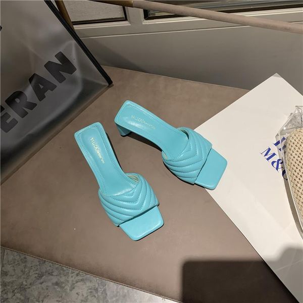 

2021 summer women's shoes chunky heels one-letted blue fashion personality high-heeled square-toed sandals, Black