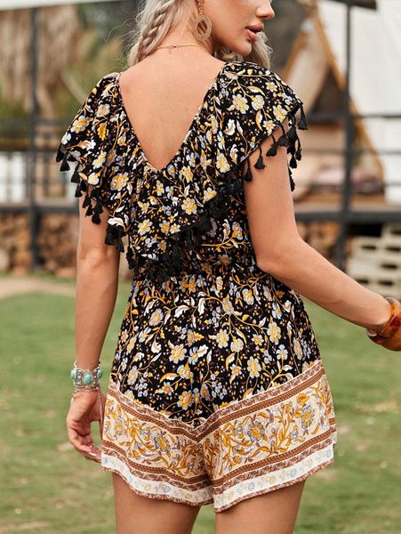 

v-neck tassel ruffle detail floral print romper a8qx#, White