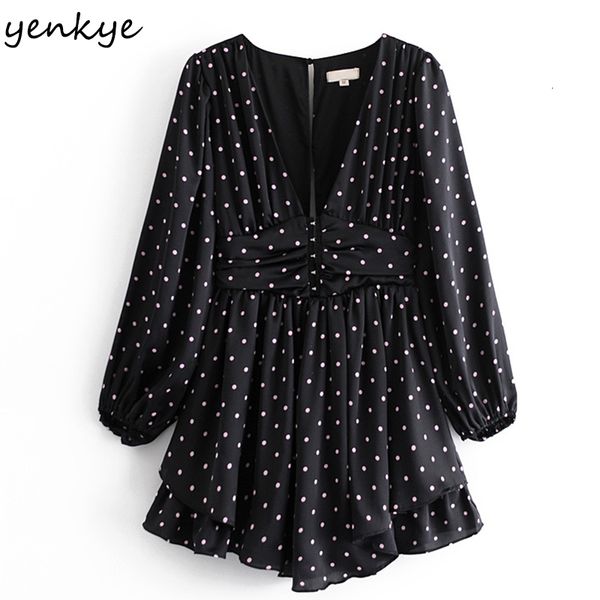 

new spring 2021 women vintage polka dot mini fashion lady v neck lantern sleeve a-line hem ruffle 7yjq, Black;gray