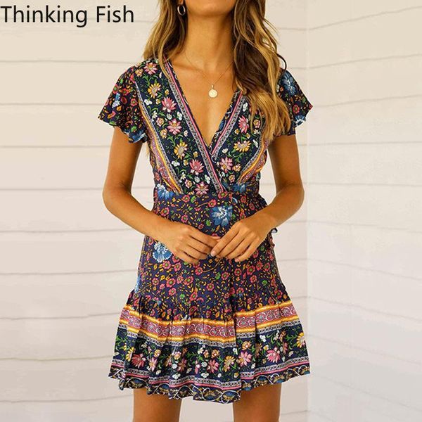 

casual dresses boho floral print summer dress women high waist lace up a line fashion 2021 v neck short sleeve beach mini dressl121, Black;gray