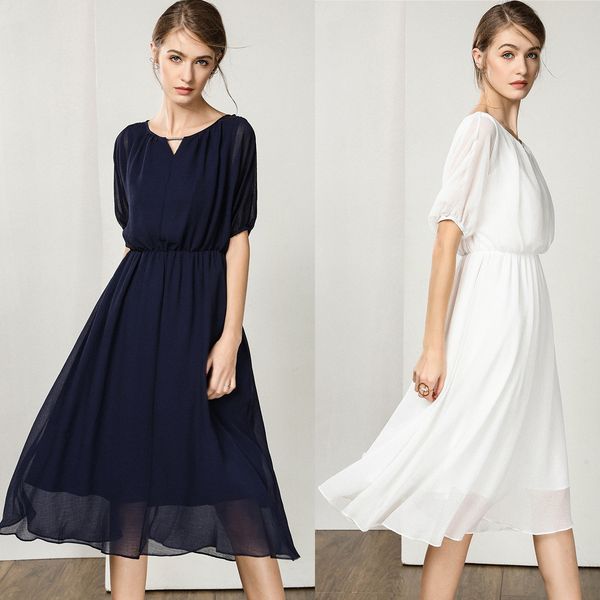 

2021 new fashion es high waist short sleeve women medi chiffon a-line casual sun for holiday party muj2, Black;gray