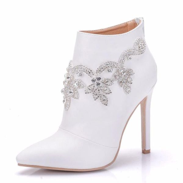 

boots white rhinestone women autumn winter shoes leather pointed toe banquet wedding luxury ladies ankle high heels, Black