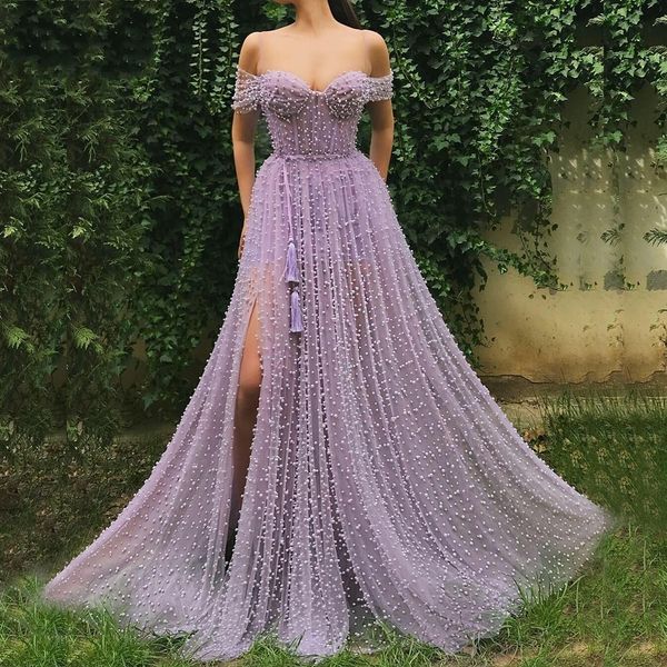 

fashion 2021 new pearls purple off shoulder long evening gown elegant side slit a line prom es robe de soriee zjh9, Black;red
