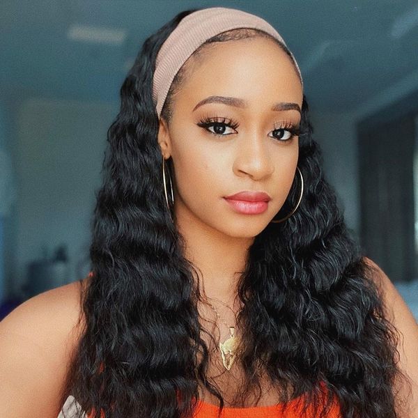 

long wavy headband wig brazilian remy human hair machine made half scarf wigs 180 density wig for black women, Black;brown