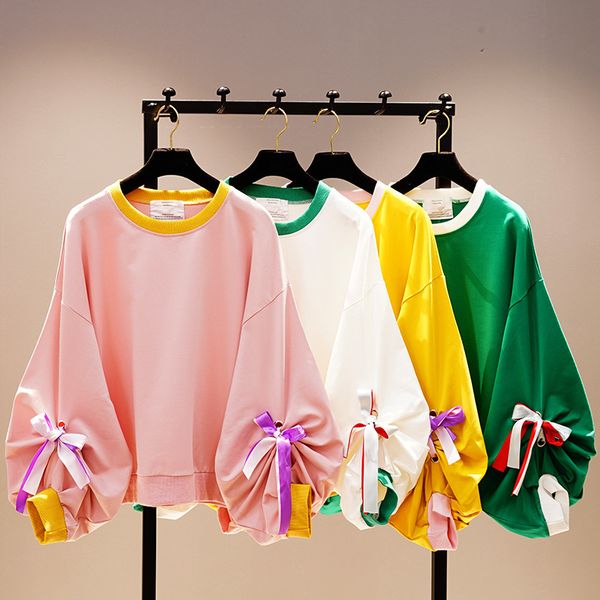 

2021 New Female Spring Fashion Arrival Around the Neck Lantern Long Sleeve Rentals Up to Bow Casual Decoration Loose Hoodie 8ndu, Black
