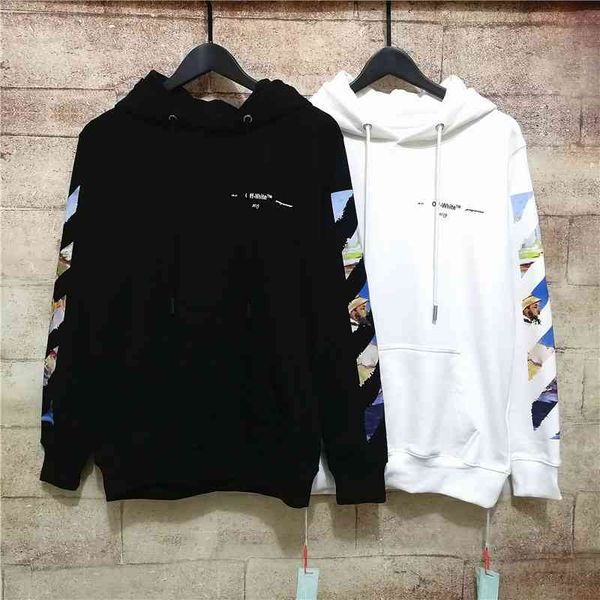 

hoodiesoff white 19 forrest gump's head monet oil painting print hooded plush sweater men and women, Black