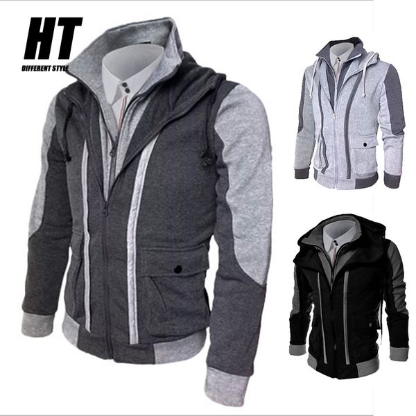 

zipper men jackets spring autumn brand slim fit coats fake two casual patchwork bomber jacket men fashion hooded male outwear 210603, Black