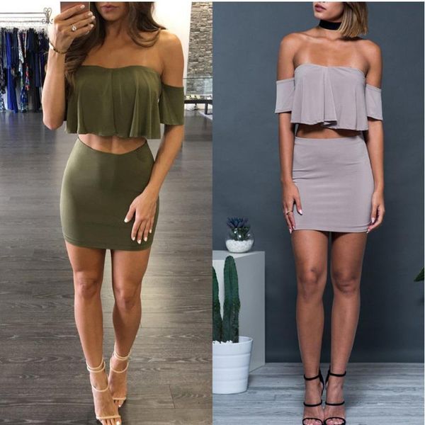 

plus size s-5xl 2 piece set women solid short sleeve ruffles strapless and skirt elegant women clothing suit summer outfits, Gray