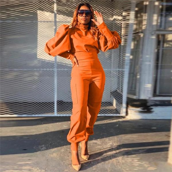 

women's two piece pants streetwear 2 set women clothing sets puff sleeve and high waist cago pant fall winter outfits matching 2021, White