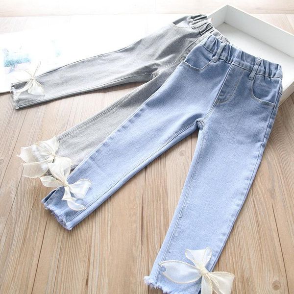 

2021 spring girls' bowknot decorative jeans, Blue
