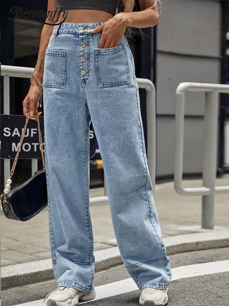 

women's jeans benuynffy high waist pocket front baggy women fashion vintage button female loose straight denim trousers streetwear, Blue