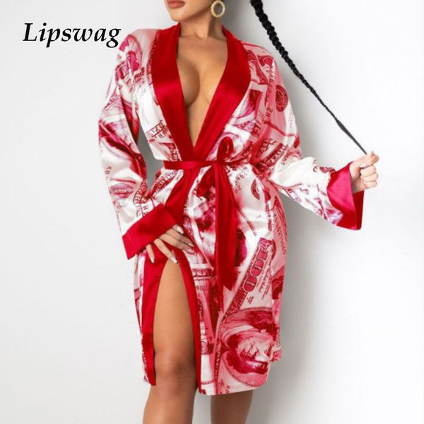 

2021 elegant women print loose dress deep v-neck bandage belt party dress casual long sleeve split dresses homewear pajamashigh quality, Black;gray