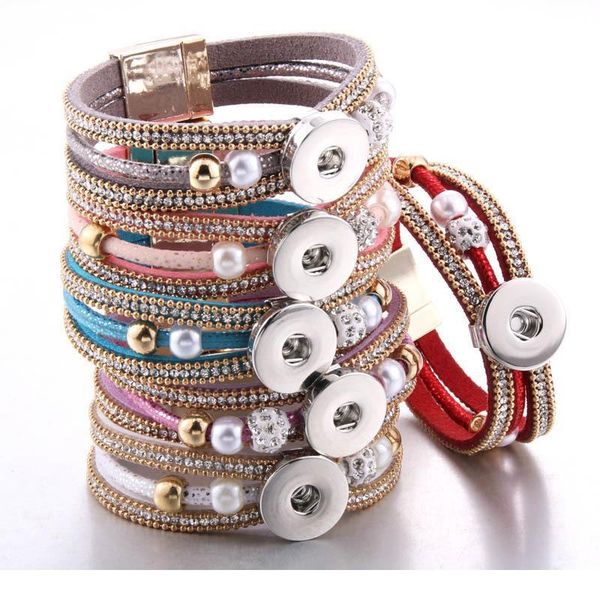 

2019 new snap button jewelry vintage beaded leather snap bracelet fit 18mm snap buttons bohemia magnet leather b jllnji, Golden;silver