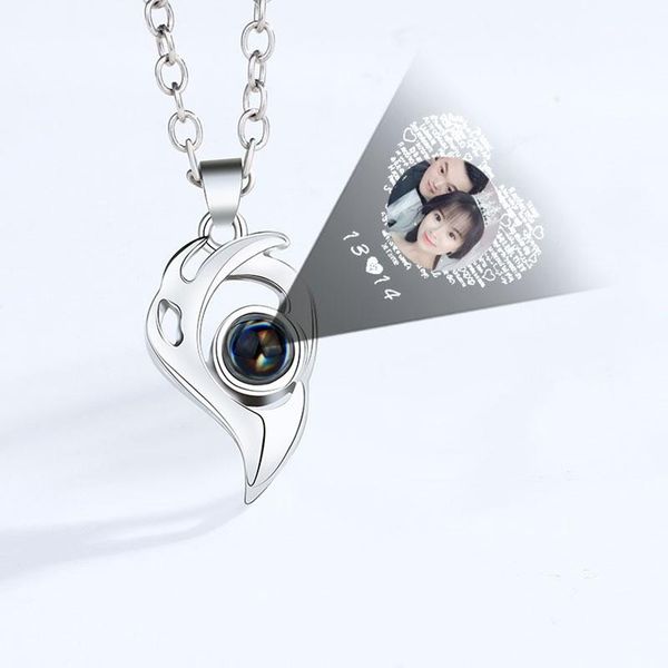 

pendant necklaces 2pcs magnetic couple necklace heart shape 100 languages i love you projection stainless steel jewelry gift, Silver