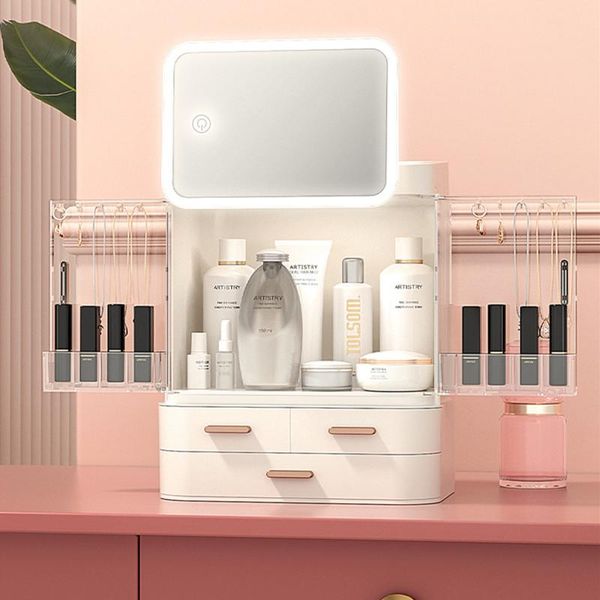 

cosmetic organizer with led light mirror,jewelry holder+lipstick storage box makeup organizer box