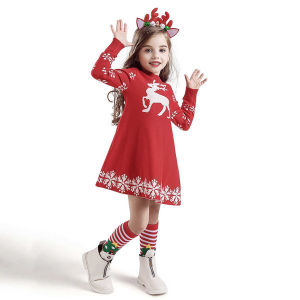 

xmas kids autumn winter toddler baby girls crochet christmas xmas deer sweater knit dress+hairband outfits conjuntos de menina g1026, Red;yellow