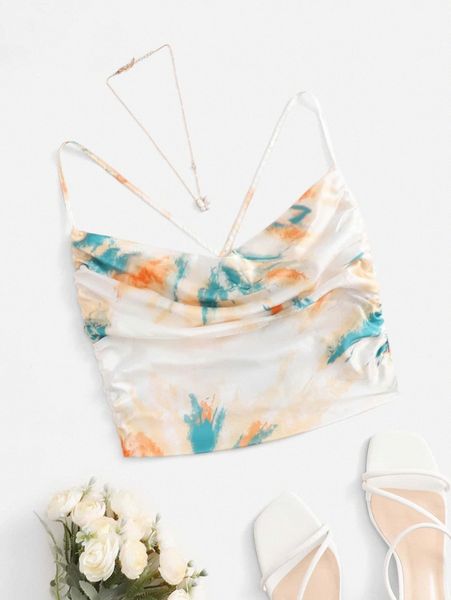 

tie dye ruched crisscross tie backless cami 197x#, White