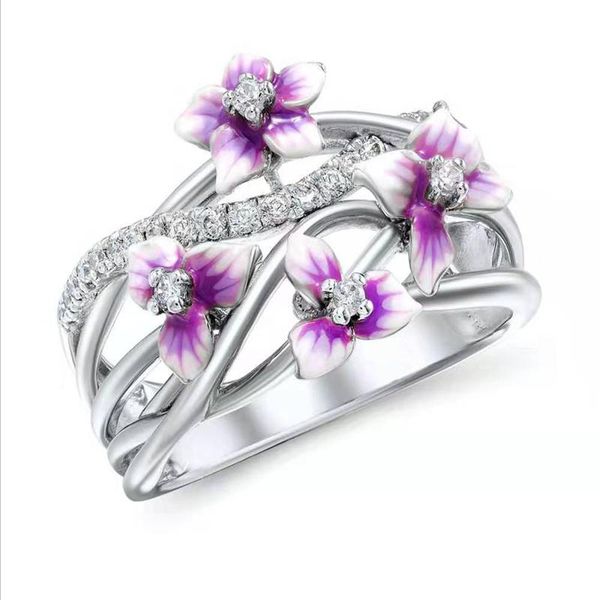 

cluster rings romantic violet flowers enamel ring for women party wedding engagement famale jewelry hand accessories size 6-10, Golden;silver