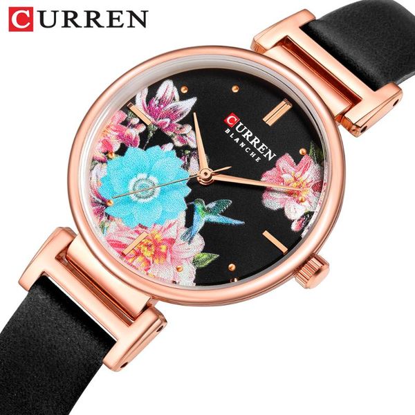 

wristwatches curren ladies watch with unique flower dial casual leather wrist for women quartz clock female gift relogios feminino, Slivery;brown