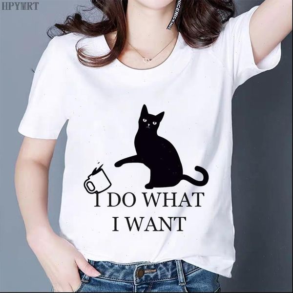 

i do what i want letter print t shirt women black cat funny t shirt oversized tshirt summer harajuku short sleeve, White