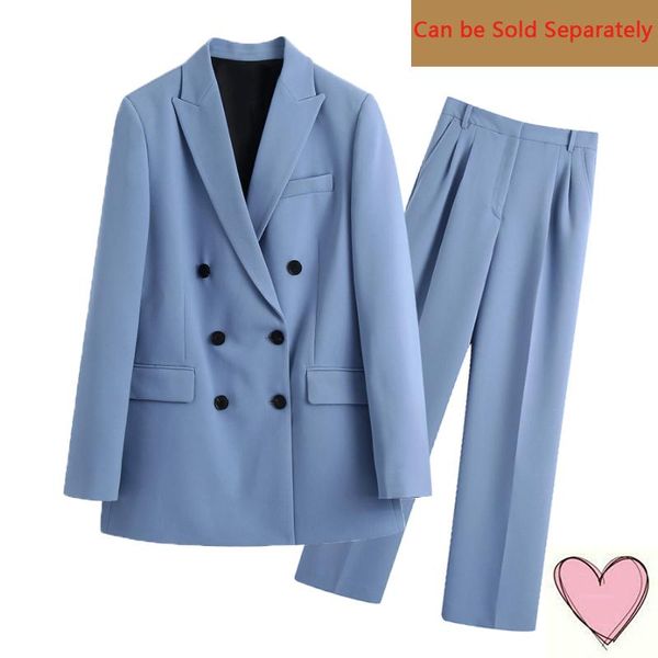 

women's two piece pants blazer elegante de color azul para mujer, informal con doble botonadura y pantalones largos plisados, conjuntos, White