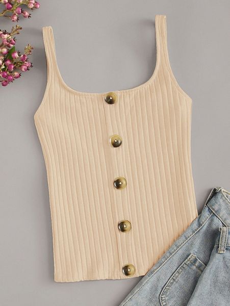 

button front rib-knit cami o3fk#, White