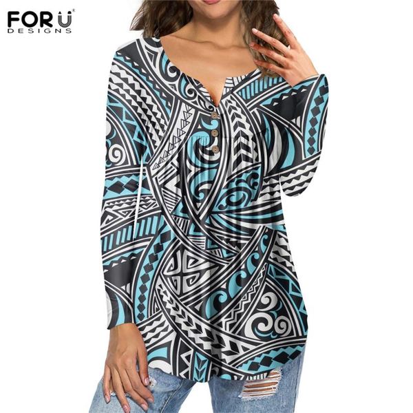 

forudesigns female monstera leaves prints loose long sleeves shirts 2021 polynesian tribal v neck tunic button henley shirt, White