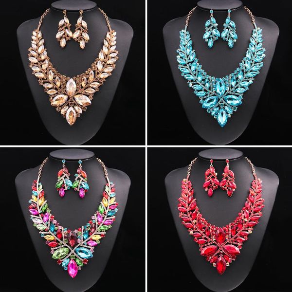 

earrings & necklace african women statement crystal flower rhinestone jewelry set for bridal wedding choker party gifts bib collar, Silver