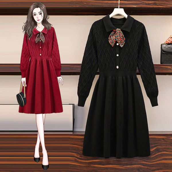 

large women's 2021 spring and autumn new fat mm french red knitted dress looks thin with fur skirt underneath, Black;gray