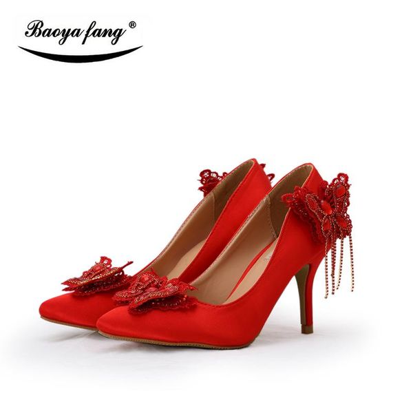 

dress shoes baoyafang red butterfly 8cm pointed toe woman bride wedding bridesmaid party female tassels, Black